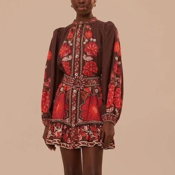 SOLD FARM Rio Gigi Tapestry Brown Mini Dress Beaded Buckle Red Floral Size L - Picture 2 of 16